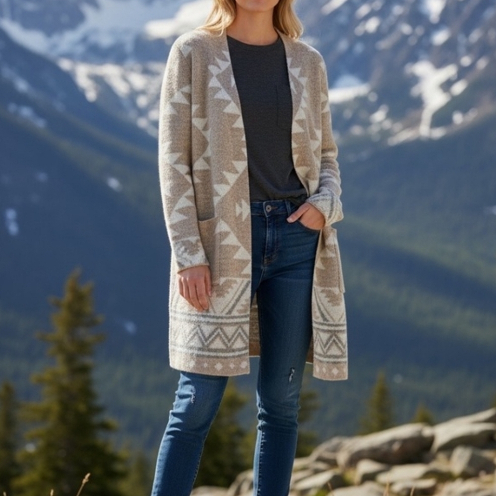 Frye Women's The Cozy Cardigan Sweater - Aztec Print Size:Small & Color: Tan